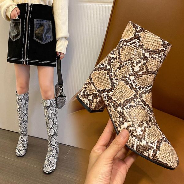 

boots 2021 women's snake print leather low mid high snow plush party catwalk, Black