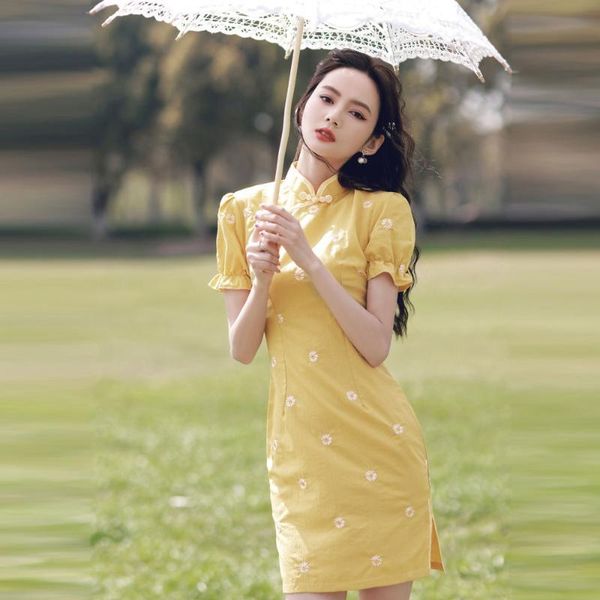 

ethnic clothing yellow satin qipao short embroidery floral chinese dress gown classical vintage button mandarin collar cheongsam vestid, Red