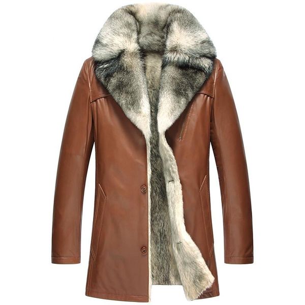 

men's leather & faux genuine jacket men natural wolf fur coat winter luxury sheepskin warm coats plus size veste homme 5051 my1629, Black