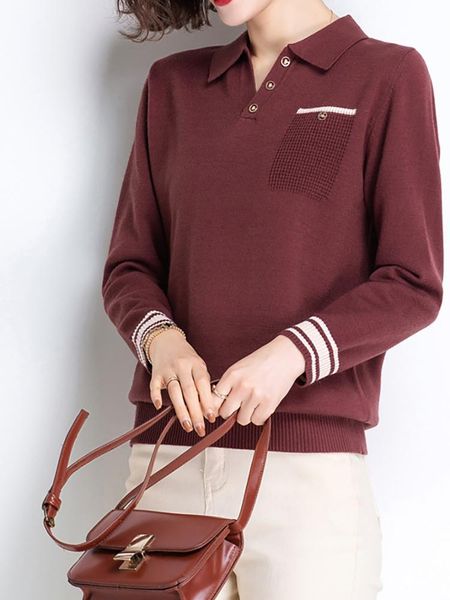

women's polos 2021 spring women sweater lapel pocket fashion shirt knitted pullove long sleeve stripe female casual loose jumper, White