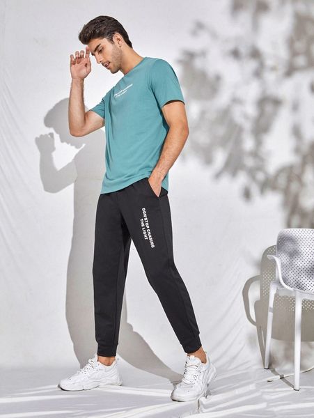 

men slogan graphic & pants set l8wl#, Gray