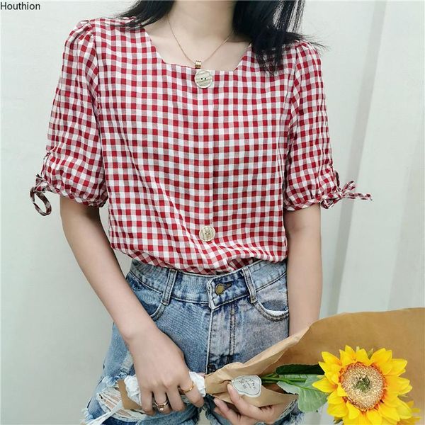 

women's blouses & shirts chiffon slim casual blouse fashion short sleeve plaid two buttons square collar shirt summer houthion, White
