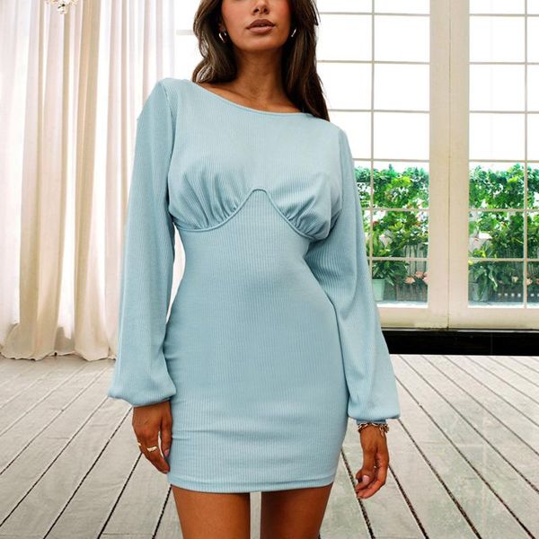 

casual dresses pullover knitted dress autumn pure color waist tunic pencil mini o-neck long sleeve women party vestidos, Black;gray