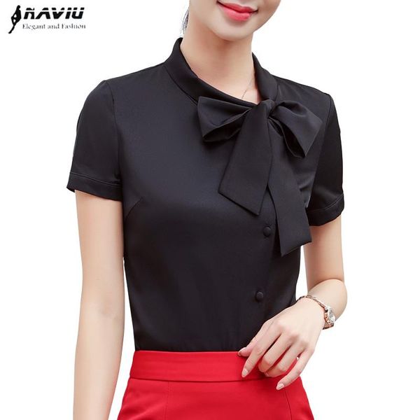 

women's blouses & shirts elegant women bow shirt 2021 summer fashion formal short sleeve chiffon blouse office ladies plus size work, White