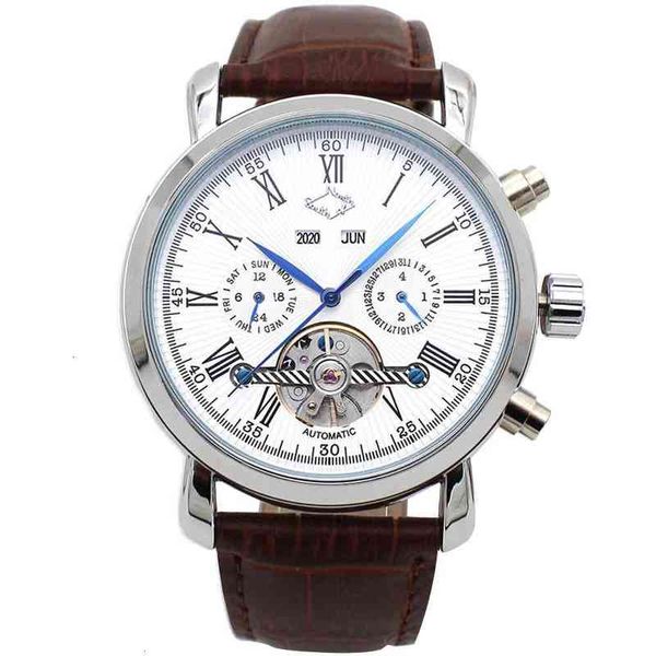 

watches calendar male jaragar complete leather band erkek saati mechanical watch man reloj hombre, Slivery;brown