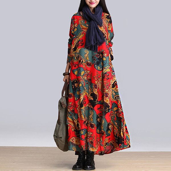

women vintage autumn dress vestidos long sleeve cotton linen loose dress robe casual dresses plus size womens clothing 11337, Red