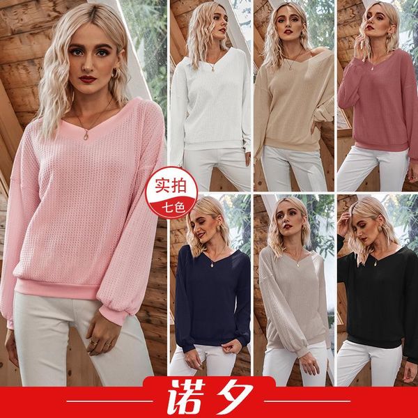 

spring 2021c cross border women's wear in europe and america popular slant collar off shoulder lantern sleeve t-shirt a1013, White