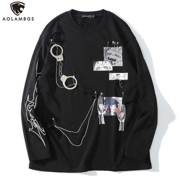 

aolamegs comics anime manga illustration hook and loop fastener chain design thin sweatshirt streetwear men high street pullover 210707, Black