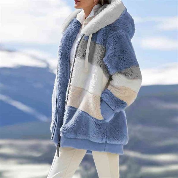 

women jacket warm plush casual loose hooded coat mixed color patchwork winter outwear faux fur zipper ladies parka 210803, Black