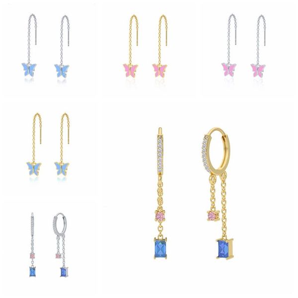 

stud aide s925 sterling silver earrings blue pink cute butterfly cubic cz zircon chain for girl women 2021 trend piercing, Golden;silver