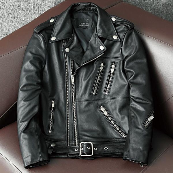

men's leather & faux 2022 genuine cow jacket men autumn winter male coats diagonal zipper and multi pocket slim motorcycle clothing, Black