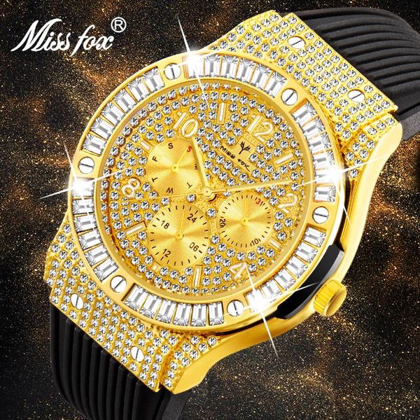 

wristwatches missfox 2021 mens watches big dial square diamond quartz watch premium rubber strap chronograph men, Slivery;brown
