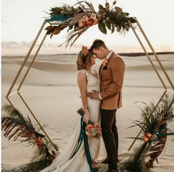 

party decoration wedding props geometric iron double-pole hexagon arch gold stand backdrop deco outdoor lawn layout artificial flower s