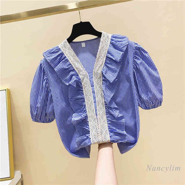 

blouses short sleeve plaid shirt for women lace stitching v-neck loose blouse girls students summer clothing nancylim, White