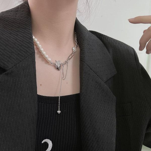 

chains artificial pearl necklace woman heart necklaces women pendant anniversary charms trendy european titanium steel elegant collier, Silver