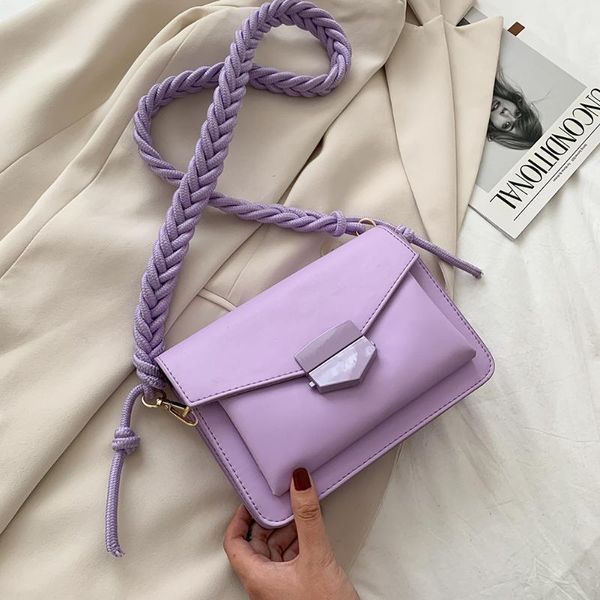

fashion crossbody sling bags women knit belt small square candy color shoulder handbags female pu leather mini bolsa purse shopping