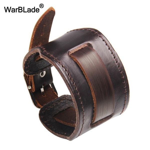 

warblade new fashion genuine leather bracelet brown wide cuff bracelets & bangles vintage punk wristband men jewelry, Golden;silver