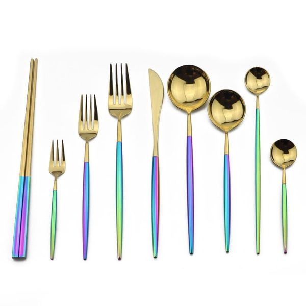 

1-piec dinnerware luxury blazing colorful gold 18/10 stainless steel silverware set rainbow tableware cutlery knife fork sets