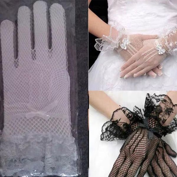

five fingers gloves autumn summer women stretchy lace short tulle full finger mittens lotus leaf sheers elegant lady driving cute, Blue;gray