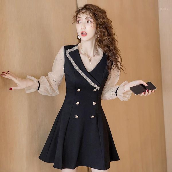 

fashion speing autumn women dress mesh black woman dresses long sleeve casual mini clothing vestidos largos verano wpy2352, Black;gray