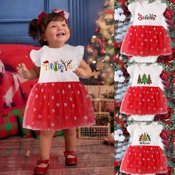 

girl's dresses believe merry christmas girl red dress fashion casual toddler baby short sleeve born outfit tutu clothes xmas holiday gi, Red;yellow