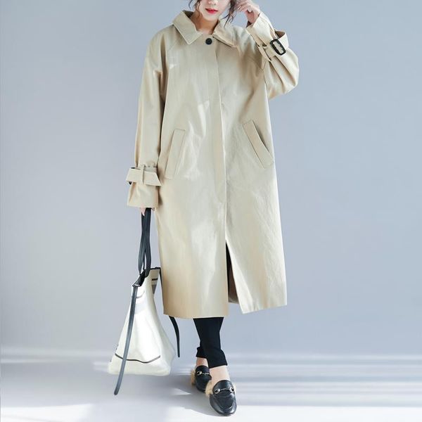 

women's trench coats winter korean style solid retro coat thick single-breasted long-sleeve casual windbreaker simple long women, Tan;black