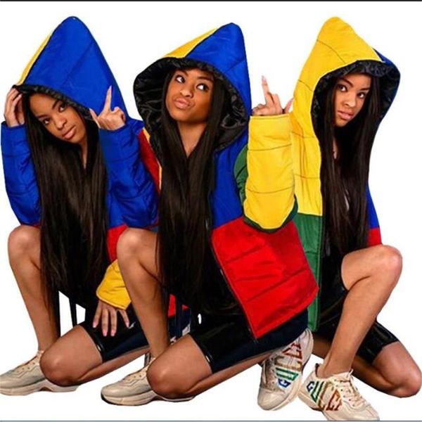 

women's jackets 2021 fashion women/girl cotton color piece splicing long sleeve zipper hooded jacket hip hop casual straight type outer, Black;brown