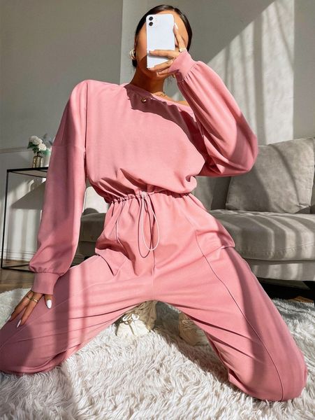 

drop shoulder asymmetrical neck drawstring waist jumpsuit w4hh#, White