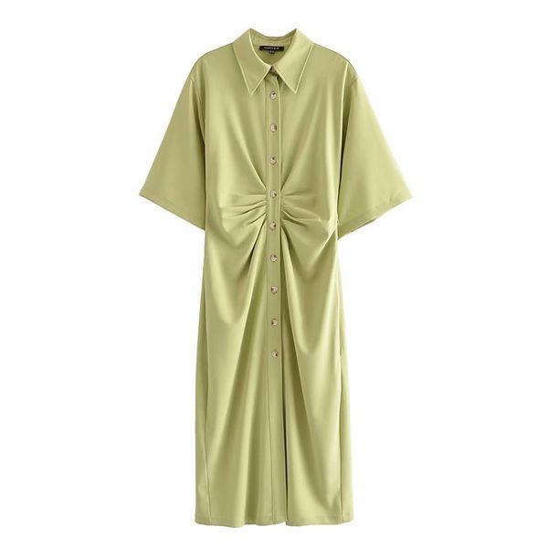 

shirt dress woman green pink pleated button up midi dresses women wide short sleeve going out ladies vintage 210430, Black;gray