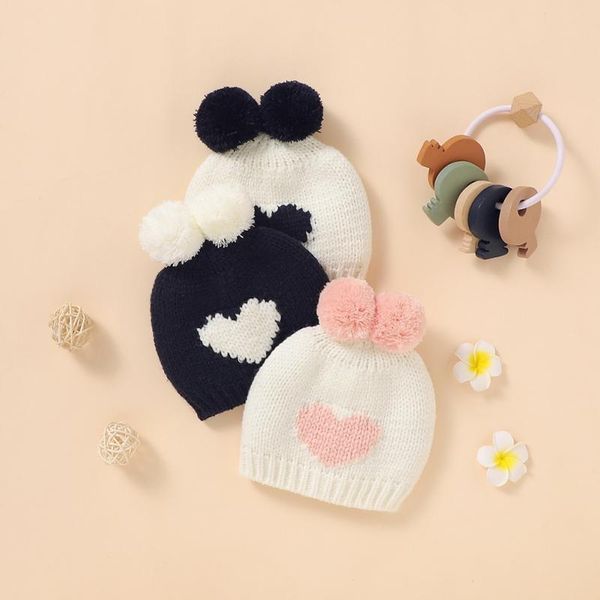 

caps & hats kids girls boys cute lovely heart winter warm knit hat furry balls pompom solid beanie cap gift 2021 born baby, Yellow