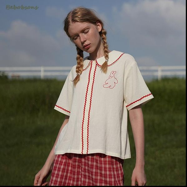 

women shirt vintage cotton white sweet lace embroidery bunny summer blouse peter pan collar casual loose