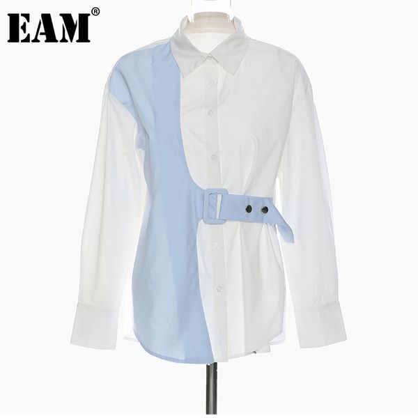 

[eam] women blue irregular spliced big size blouse lapel long sleeve loose fit shirt fashion spring autumn 1dd6628 210512, White