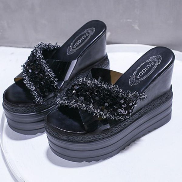 

slippers sarairis fashion sweet bling women super high wedges ladies summer platform shoes, Black