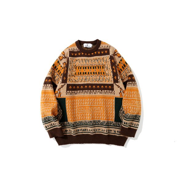 

sweater knit color matching jacquard ted men's street trend loose round neck long sleeve pullover, White;black