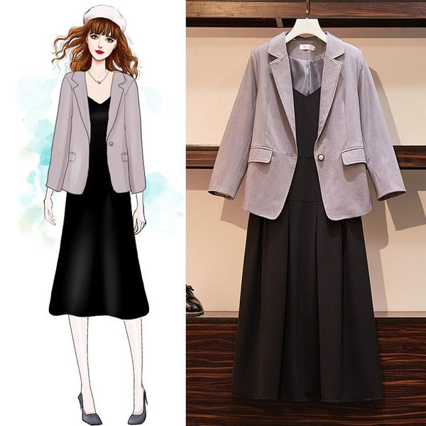 

work dresses large women's wear 2021 autumn fashion, foreign style, fat sister's thin suit, suspender dress, two-piece set, White;black