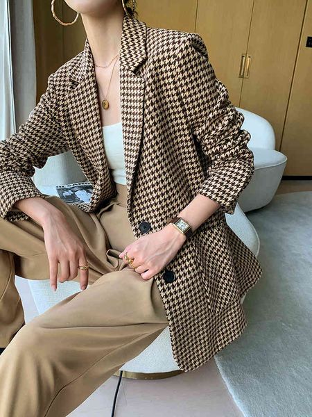 

women's suits & blazers houndstooth woolen blazer women's short section autumn and winter temperament all-match thick plaid suit j, White;black