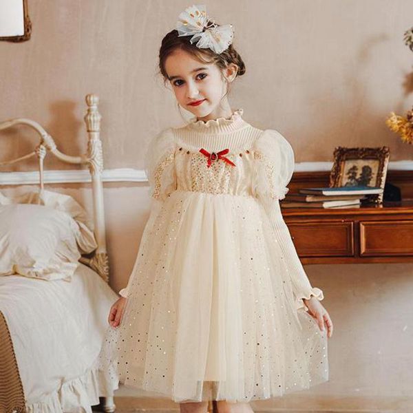 

girl's dresses lovely sweet princess dress for girls long sleeve knitted style knee length gowns children kids birthday wedding party, Red;yellow