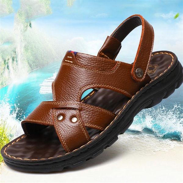 

sandals 2021 summer men's casual first layer cowhide beach shoes thick bottom breathable and slippers, Black