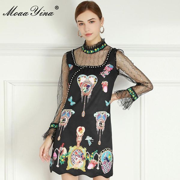 

moaayina fashion designer dress summer women's long sleeve beaded sequins floral-print black dresses casual, Black;gray