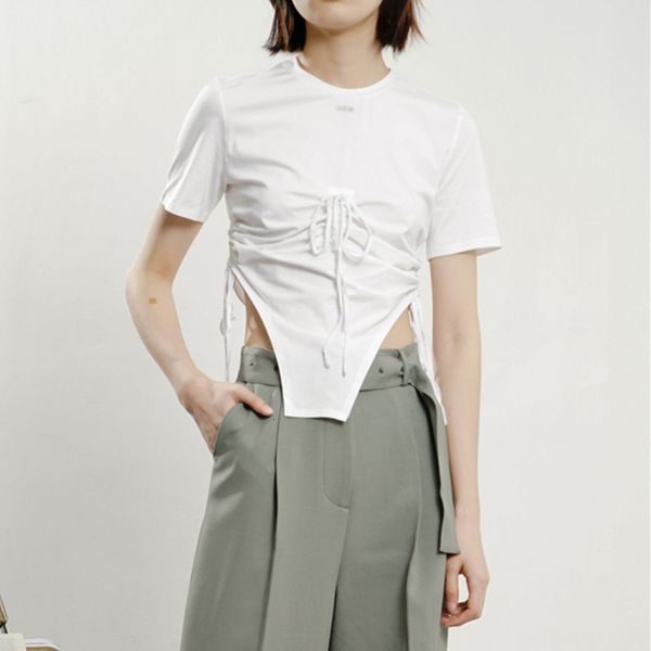

t shirt white irregular hem shirt for women o neck short sleeve drawstring casual solid t shirts female fashion 2021