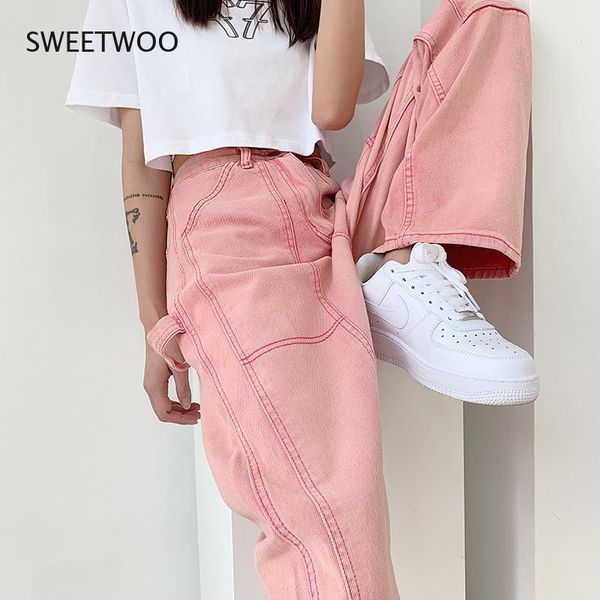 

women's jeans pink summer 2021 korean version of the retro high-waisted thin loose casual straight wide-leg long pants, Blue