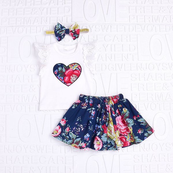 

new girls coat lace sleeveless peach heart t - shirt floral dress three-piece set, Red;yellow