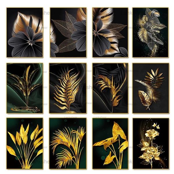 

paintings nordic canvas painting black golden plant leaf posters and prints abstract wall art living room decoration frameless