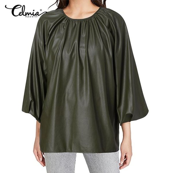 

women's blouses & shirts celmia s- women pu leather blouse fashion street 3/4 sleeve casual loose tunic faux blusas, White