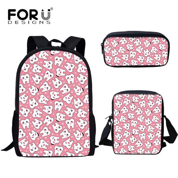 

backpack forudesigns cute style cartoon tooth pattern school bookbags for teen girls anti-dirty student 3pcs set campus bag