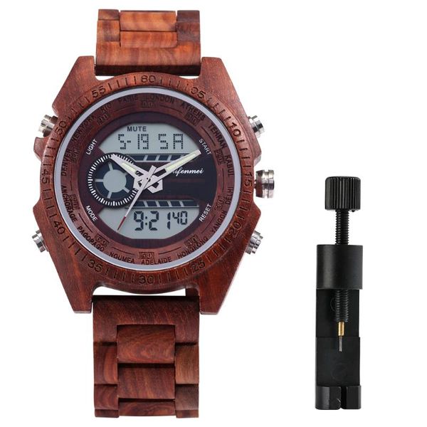 Relógios de madeira full Wood Watch Mens Digital Poiner Dune Display Relógios Relógio de quartzo de madeira vermelho com tira manual de ajuste de homem Presente de aniversário masculino