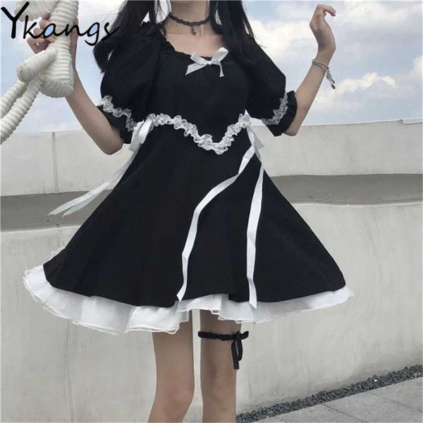 

japanese lolita gothic dress girl patchwork vintage designer mini dress japan style kawaii clothes summer dresses women 210619, Black;gray
