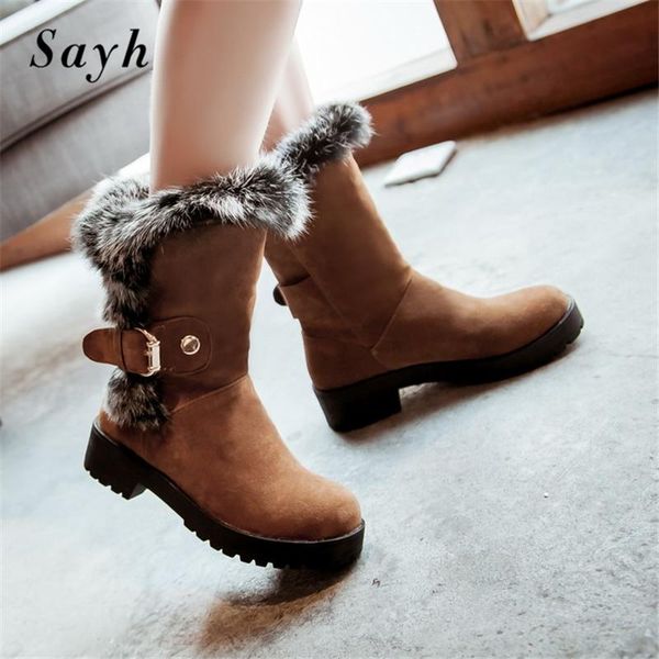 

boots women ankle thick sole snow faux fur lining round toe winter warm platform short botas outdoor shoes, Black