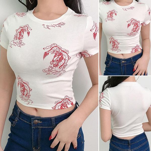 

women's t-shirt round neck wind dragon print bottoming shirt ladies crop white