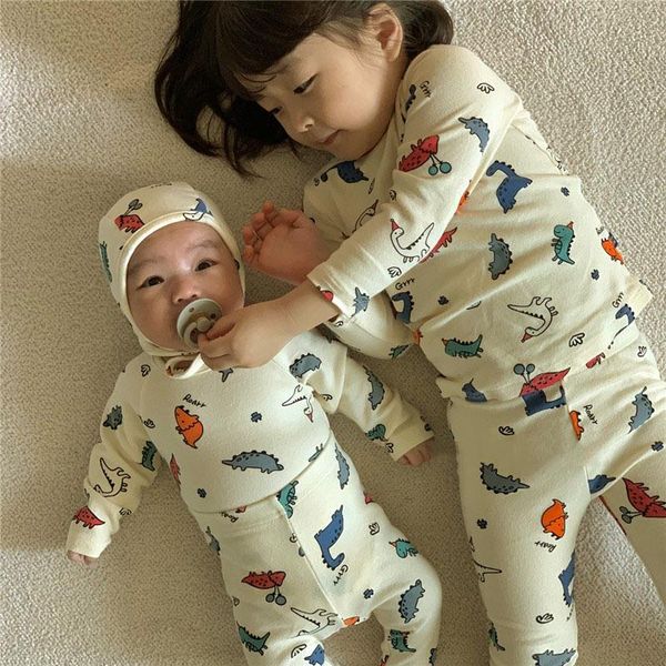 

clothing sets 2021 autumn children clothes sleepwear cotton cartoon children's pajamas set romper+pants+hat baby girls boys, White